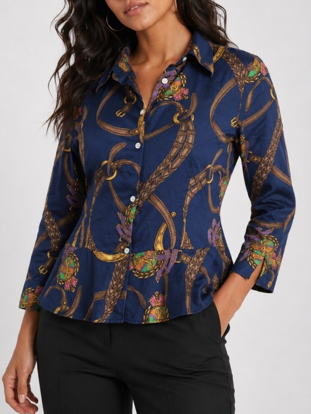 Lauren Ralph Lauren 8P Equestrian Horse Bit Print Peplum Blouse Navy Button Up